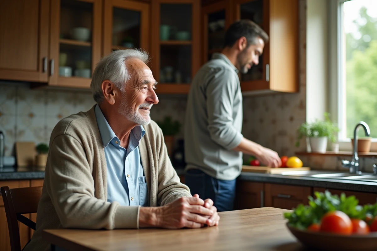 Père âgé et fils adulte partageant un moment complice dans une cuisine familiale en France