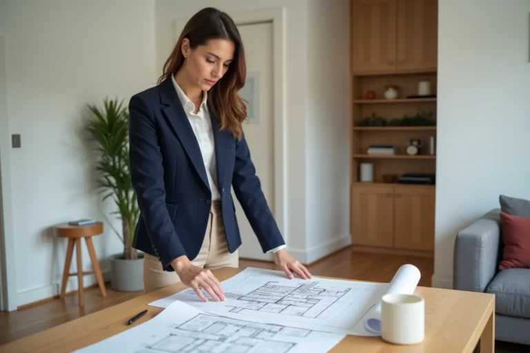 Femme architecte examinant des plans dans un intérieur moderne