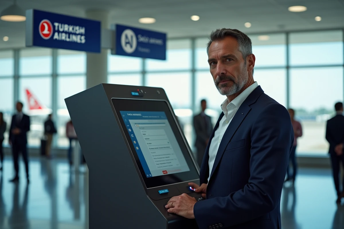 Passager corrigeant ses informations sur une borne d'enregistrement Turkish Airlines dans un aéroport