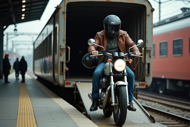 Motard chargeant sa moto dans un wagon de train SNCF sur un quai de gare européenne