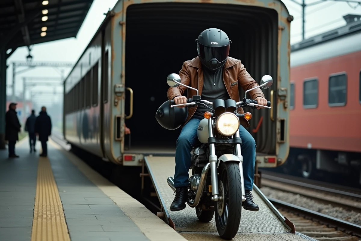 Motard chargeant sa moto dans un wagon de train SNCF sur un quai de gare européenne