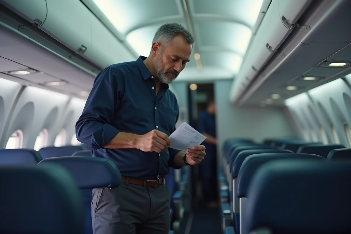 Homme dans l'allée d'un avion examinant sa carte d'embarquement pour choisir la meilleure place afin d'éviter la pression dans les oreilles