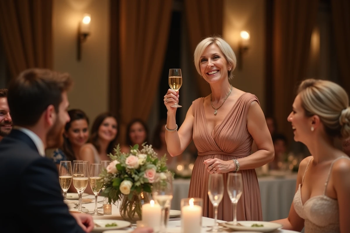 Mère du marié concluant son discours en levant un verre de champagne vers le couple pour célébrer leur avenir