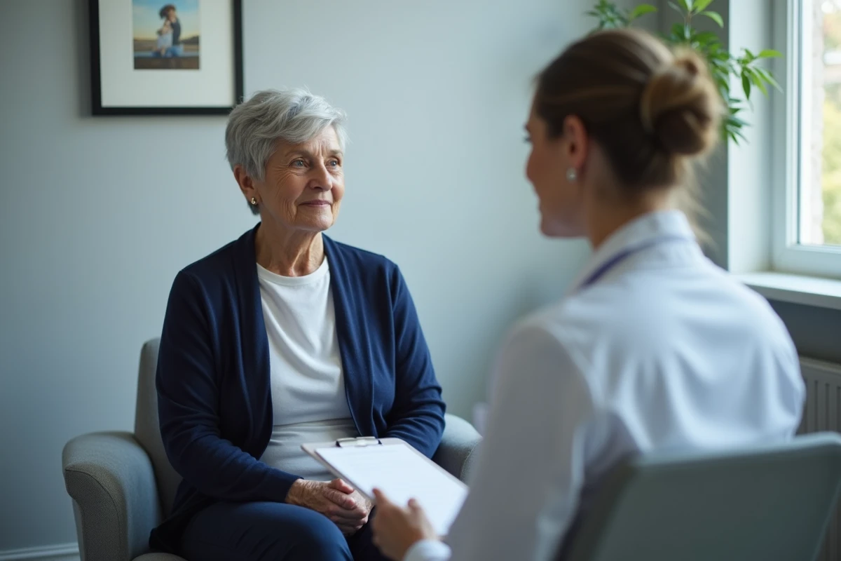 Femme d'âge mûr en consultation médicale avec une médecin dans une salle d'attente de clinique moderne