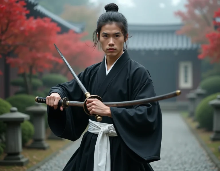 Cosplayer en kimono noir style Bleach tenant un katana dans un jardin japonais brumeux en automne