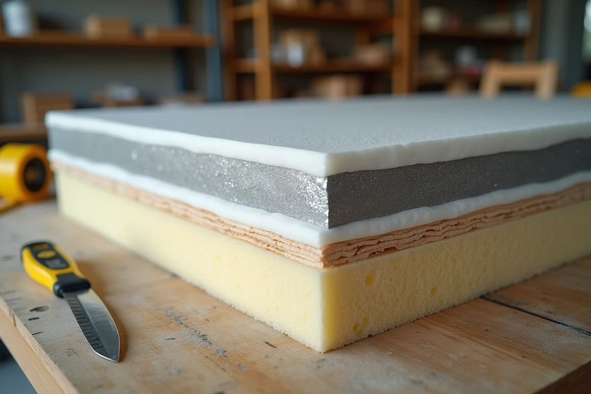 Détail en coupe des matériaux d'isolation de toiture incluant pare-vapeur, panneaux polyuréthane et liteaux en bois sur un établi d'atelier