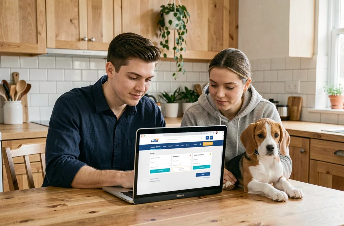 Couple comparant des offres d'assurance animaux de compagnie en ligne avec leur chiot beagle dans une cuisine moderne