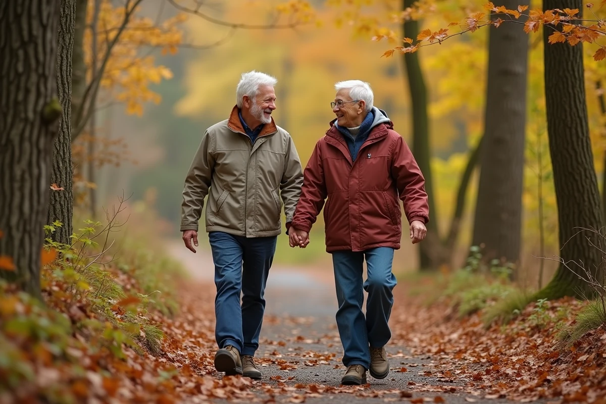 Couple de seniors marchant main dans la main sur un sentier forestier en automne, actifs et épanouis à la retraite