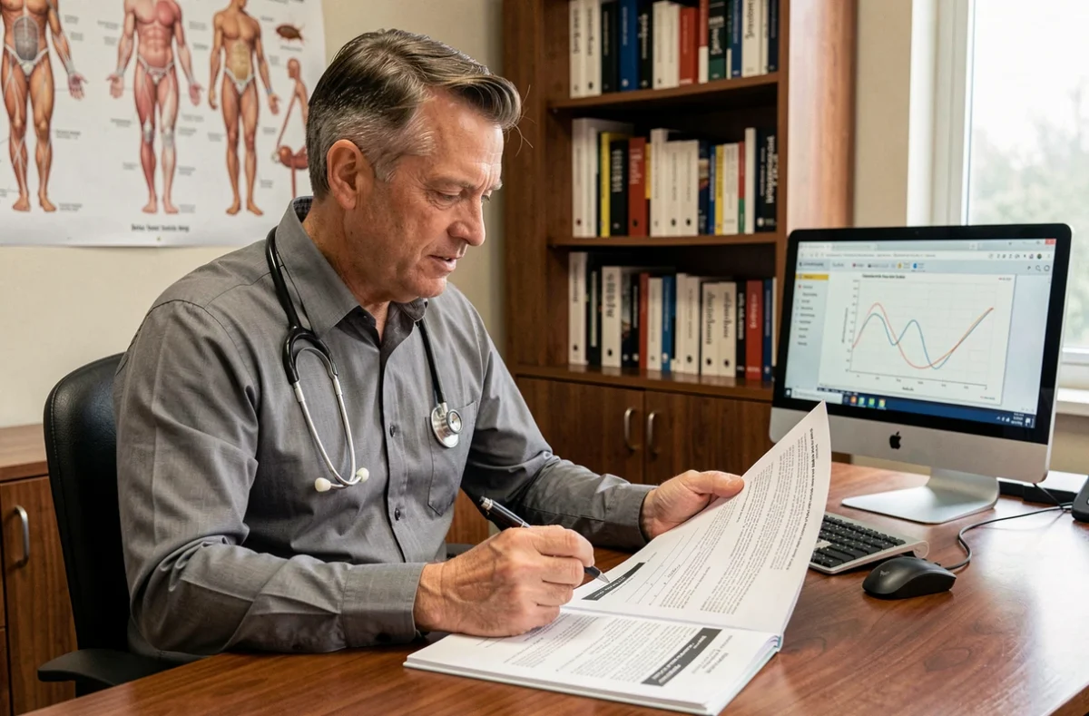 Médecin dermatologue consultant des documents scientifiques sur la parasitologie dans son cabinet