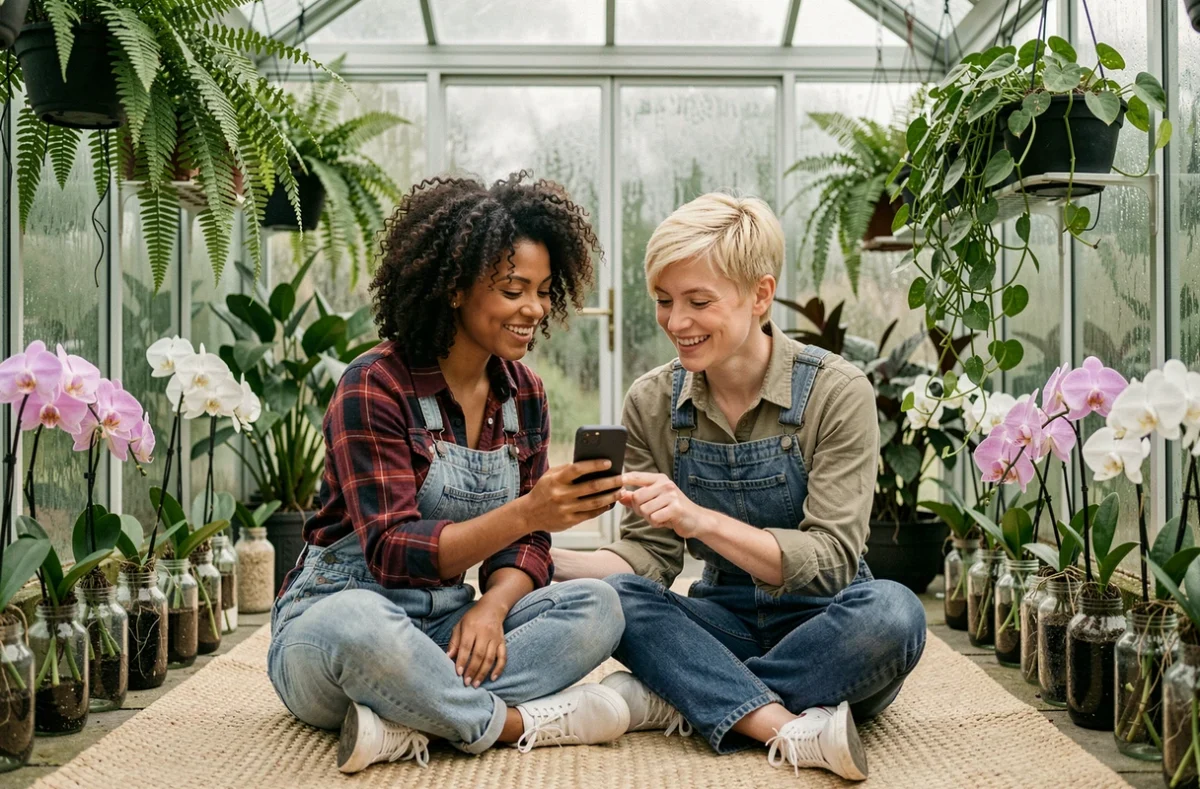 Deux femmes passionnées de plantes partageant des ressources de jardinage en ligne sur un smartphone dans une serre botanique