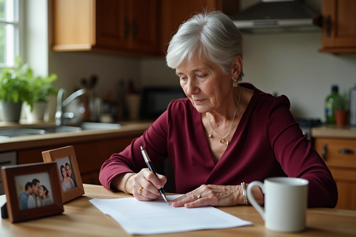 Femme adaptant son discours de mariage pour tenir compte des familles recomposées avec des photos de famille sur la table