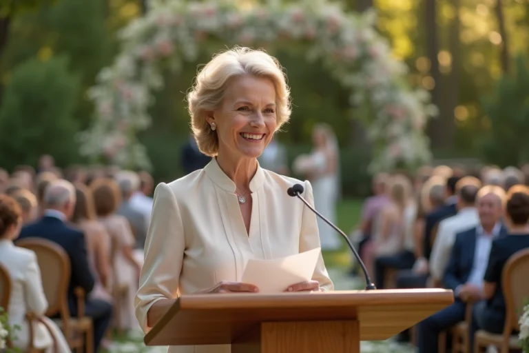 Mère du marié donnant son discours lors d'une cérémonie de mariage laïque en plein air devant les invités