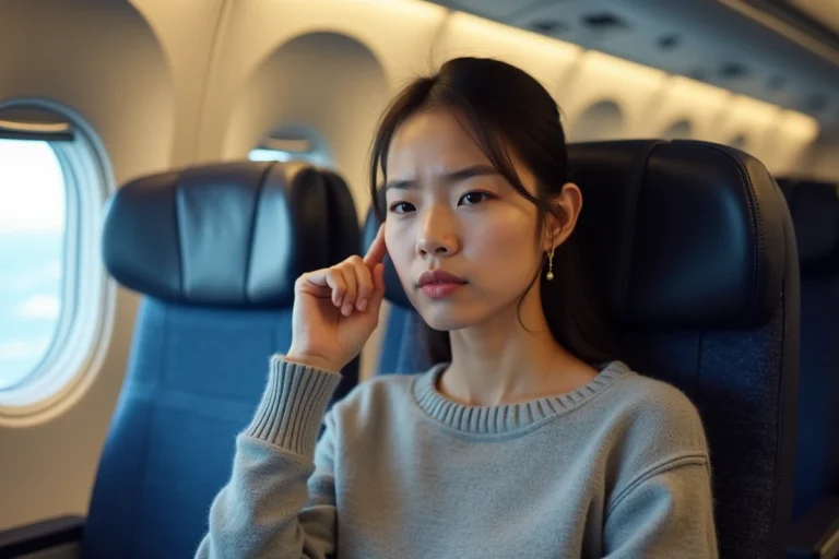 Femme assise en siège hublot d'avion touchant son oreille avec une légère expression de douleur lors d'une montée en altitude