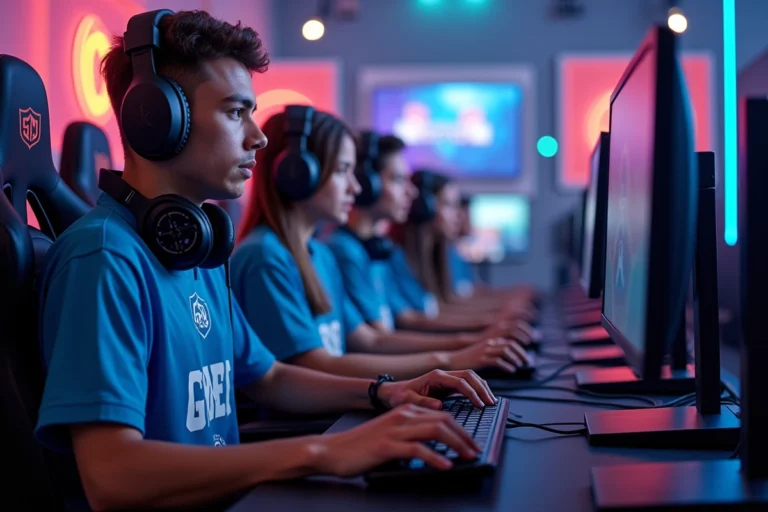 Groupe de jeunes joueurs d'e-sport concentrés devant leurs écrans