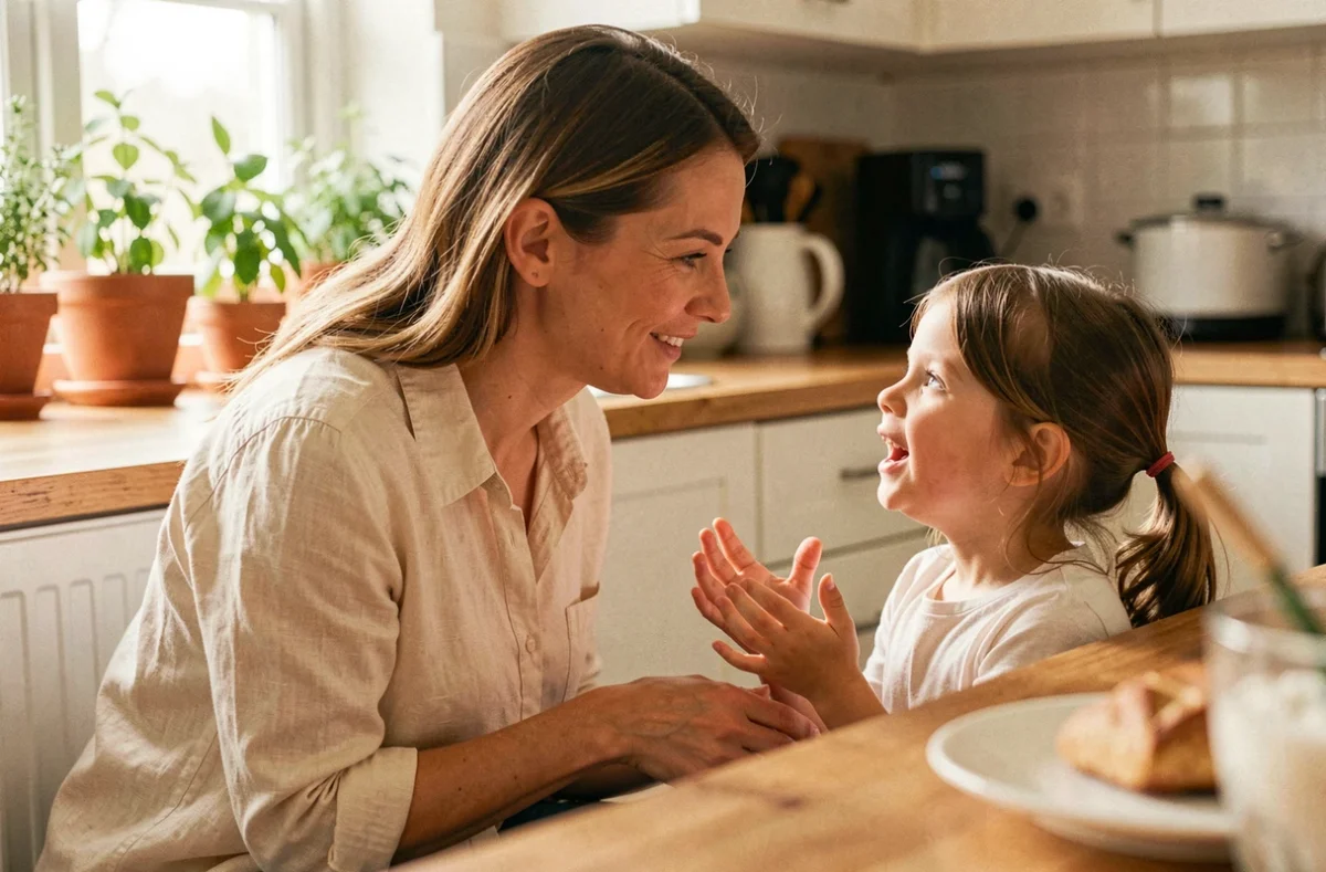 Mère pratiquant l'éducation positive en se mettant à la hauteur de son enfant pour communiquer avec bienveillance dans une cuisine familiale chaleureuse