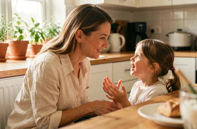 Mère pratiquant l'éducation positive en se mettant à la hauteur de son enfant pour communiquer avec bienveillance dans une cuisine familiale chaleureuse