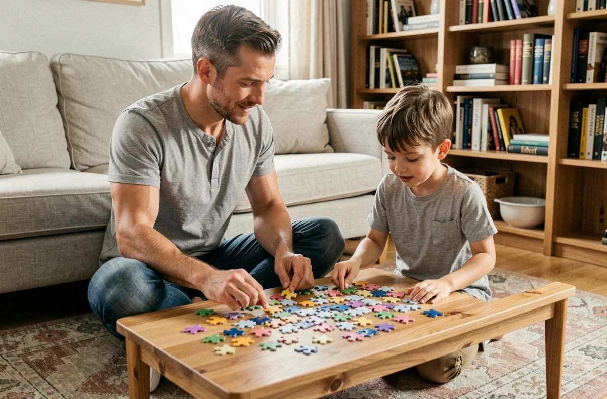 Père et fils partageant une activité de puzzle au sol dans un salon familial, illustrant l'éducation positive par l'écoute active et la coopération bienveillante