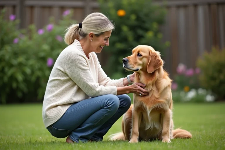 Femme examinant un golden retriever dans un jardin