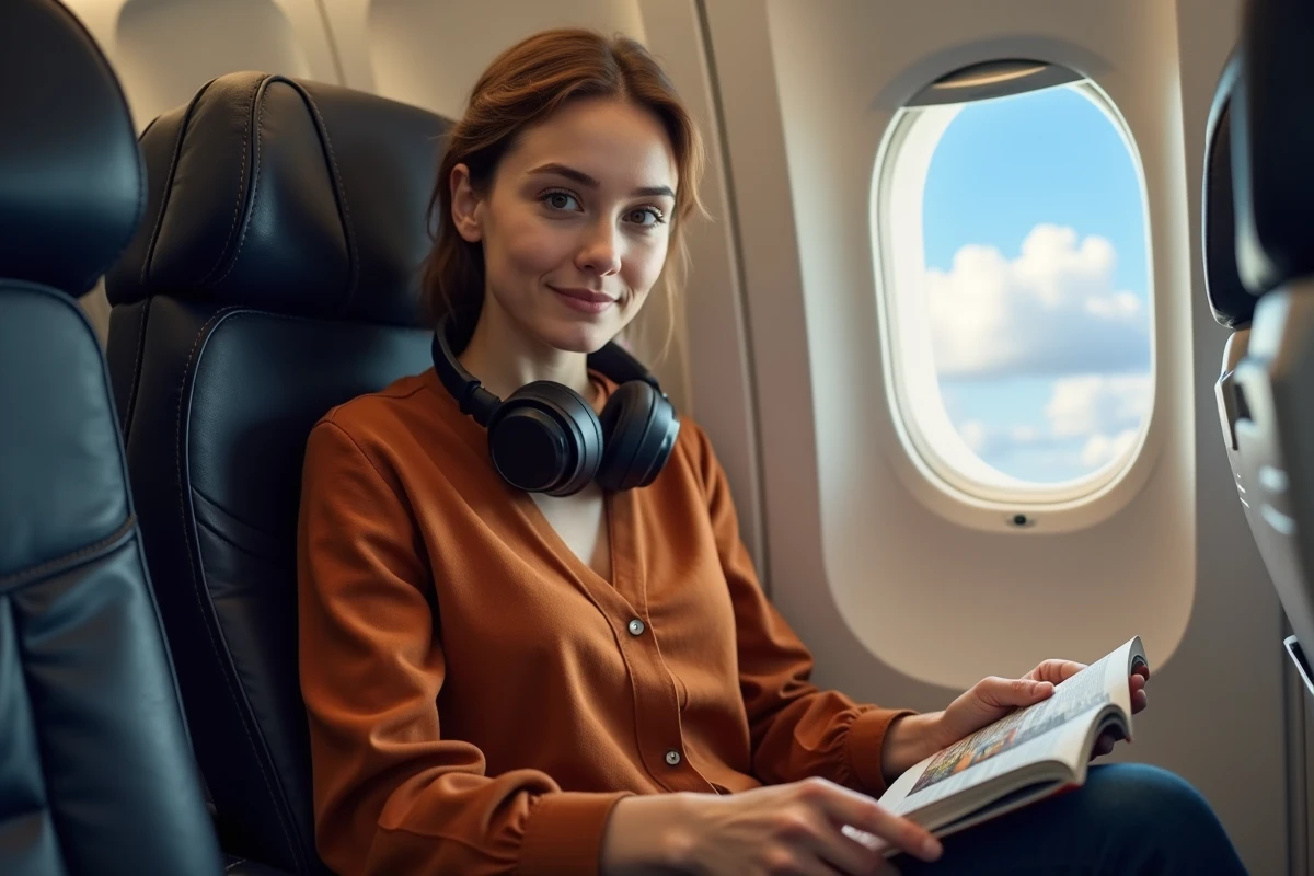 Jeune femme sereine assise en siège central d'avion avec un casque audio autour du cou, bien préparée pour éviter les douleurs d'oreilles en vol