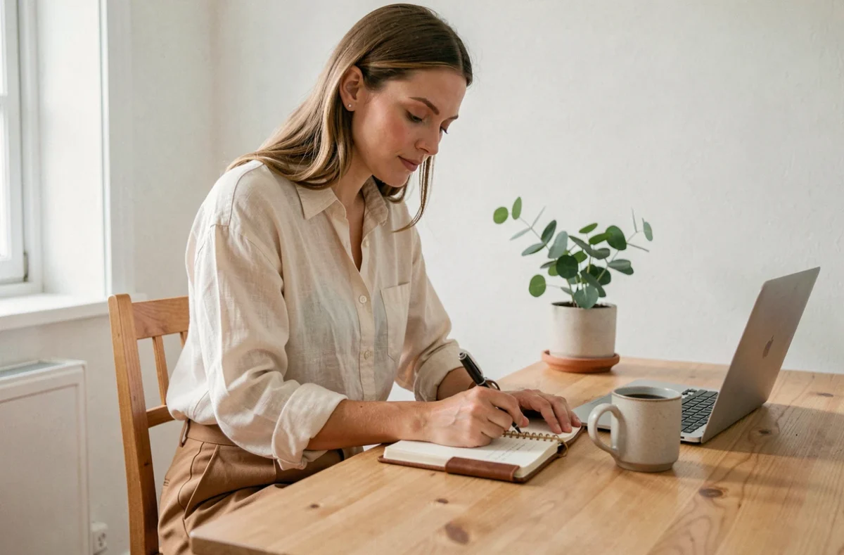 Femme moderne écrivant dans un journal en cuir dans un bureau scandinave épuré, illustration d'un mode de vie féminin organisé et inspirant