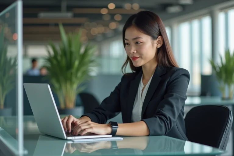 Jeune femme professionnelle utilisant un ordinateur tactile au bureau
