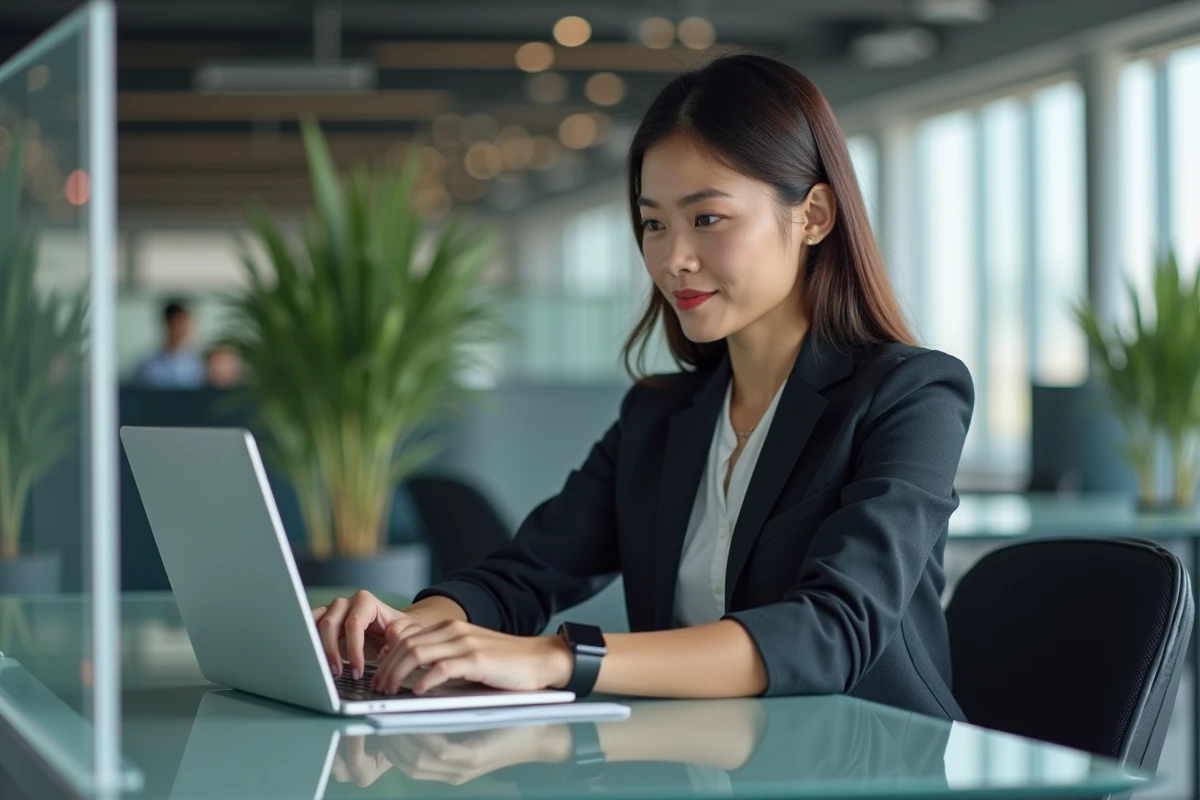 Jeune femme professionnelle utilisant un ordinateur tactile au bureau