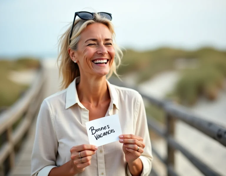 Femme souriante tenant une carte postale avec l'inscription Bonnes Vacances, illustrant la règle orthographique des vœux de vacances