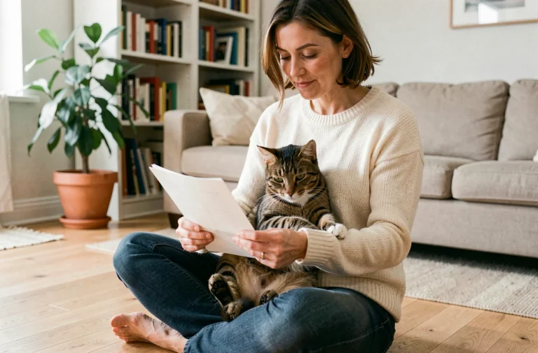 Femme tenant son chat dans les bras tout en consultant un document d'assurance animaux de compagnie à la maison