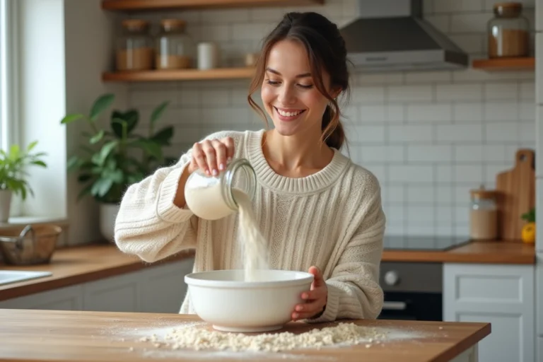 Femme versée de la farine d'avoine dans une cuisine chaleureuse