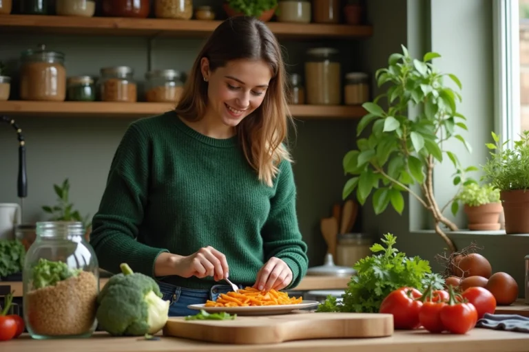 Jeune femme préparant un repas végétal dans la cuisine