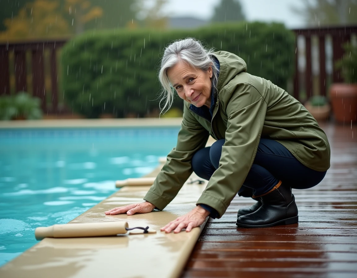 Femme en veste imperméable fixant une couverture de sécurité sur le bord d'une piscine sous la pluie