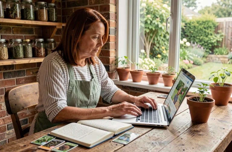 Femme passionnée de jardinage consultant des ressources en ligne sur son ordinateur portable dans un bureau à domicile entouré de plantes et de carnets de notes