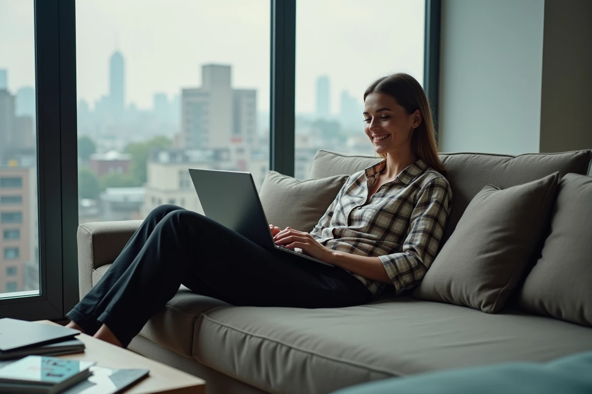 Femme détendue sur un canapé avec un ordinateur portable en ville