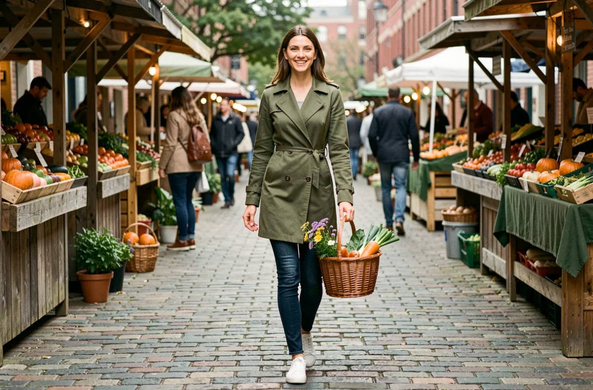 Jeune femme élégante au marché fermier urbain avec un panier en osier, incarnant un mode de vie féminin sain et moderne au quotidien