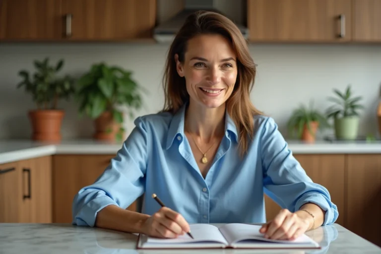 Femme souriante regardant un album photo dans la cuisine