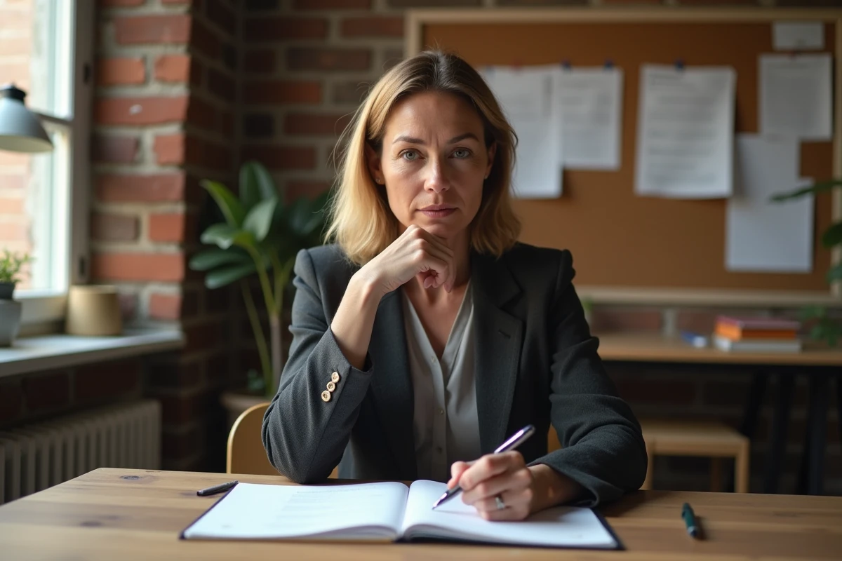 Femme réfléchissant dans un bureau lumineux