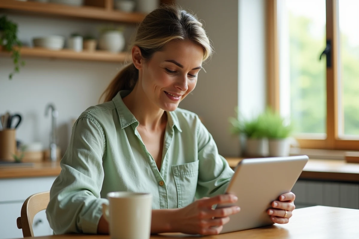 Femme consultant des actualités santé sur une tablette dans une cuisine moderne avec une tasse de tisane
