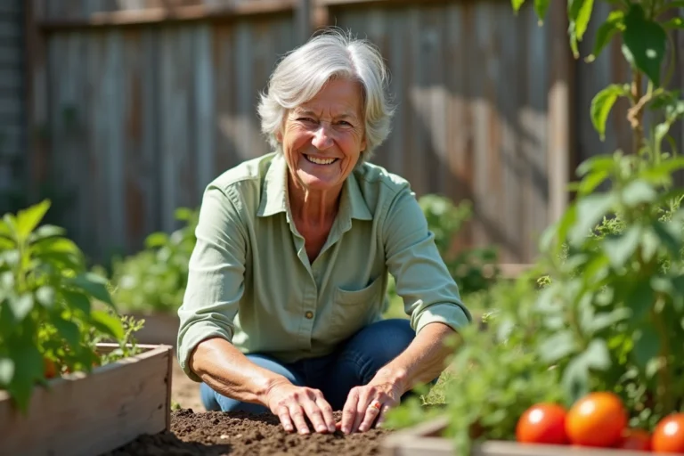 Femme senior souriante qui jardine dans son potager, profitant pleinement de sa retraite en plein air