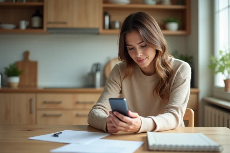 Femme regardant son smartphone dans une cuisine chaleureuse