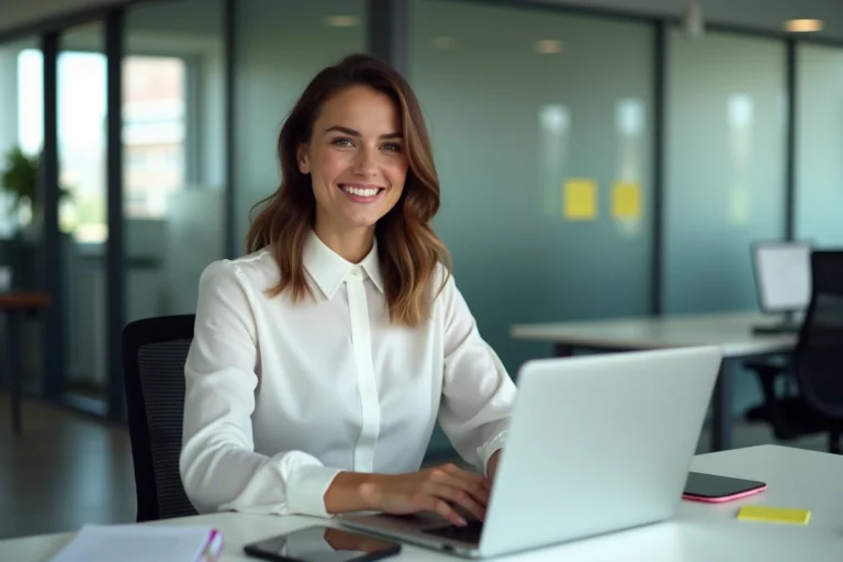 Femme concentrée travaillant sur un ordinateur dans un bureau moderne