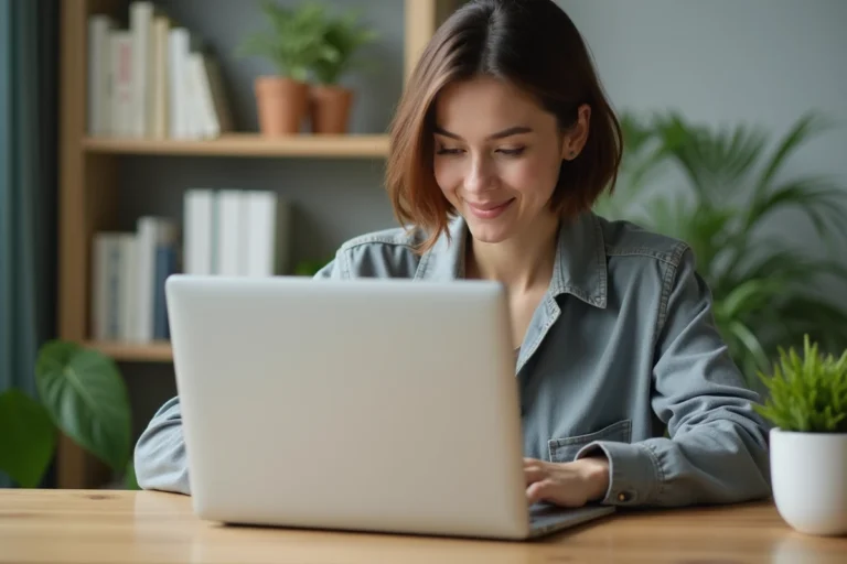 Jeune femme concentrée travaillant sur son ordinateur à la maison