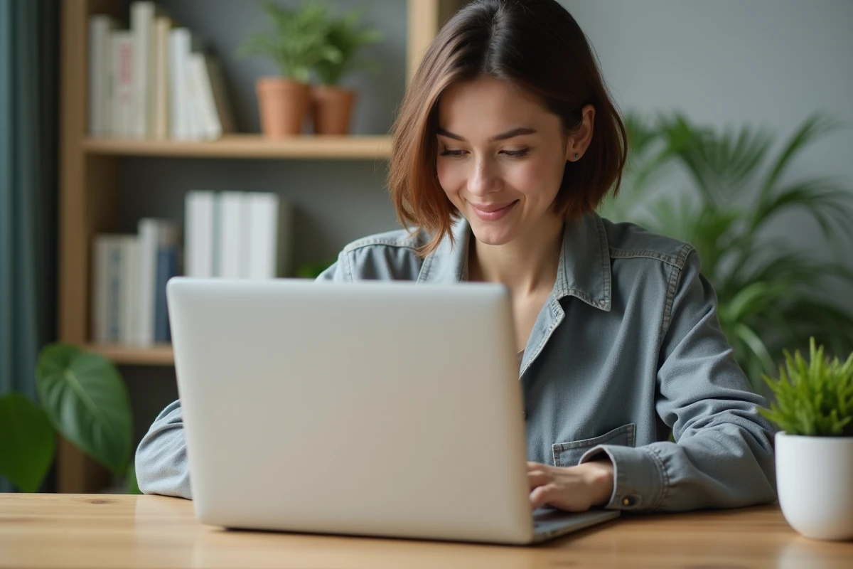 Jeune femme concentrée travaillant sur son ordinateur à la maison