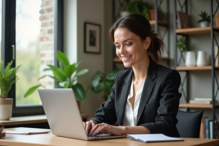 Femme en visioconference dans un bureau lumineux