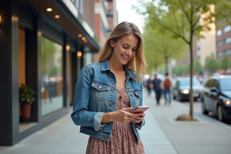 Femme en denim et robe midi dans la ville dynamique