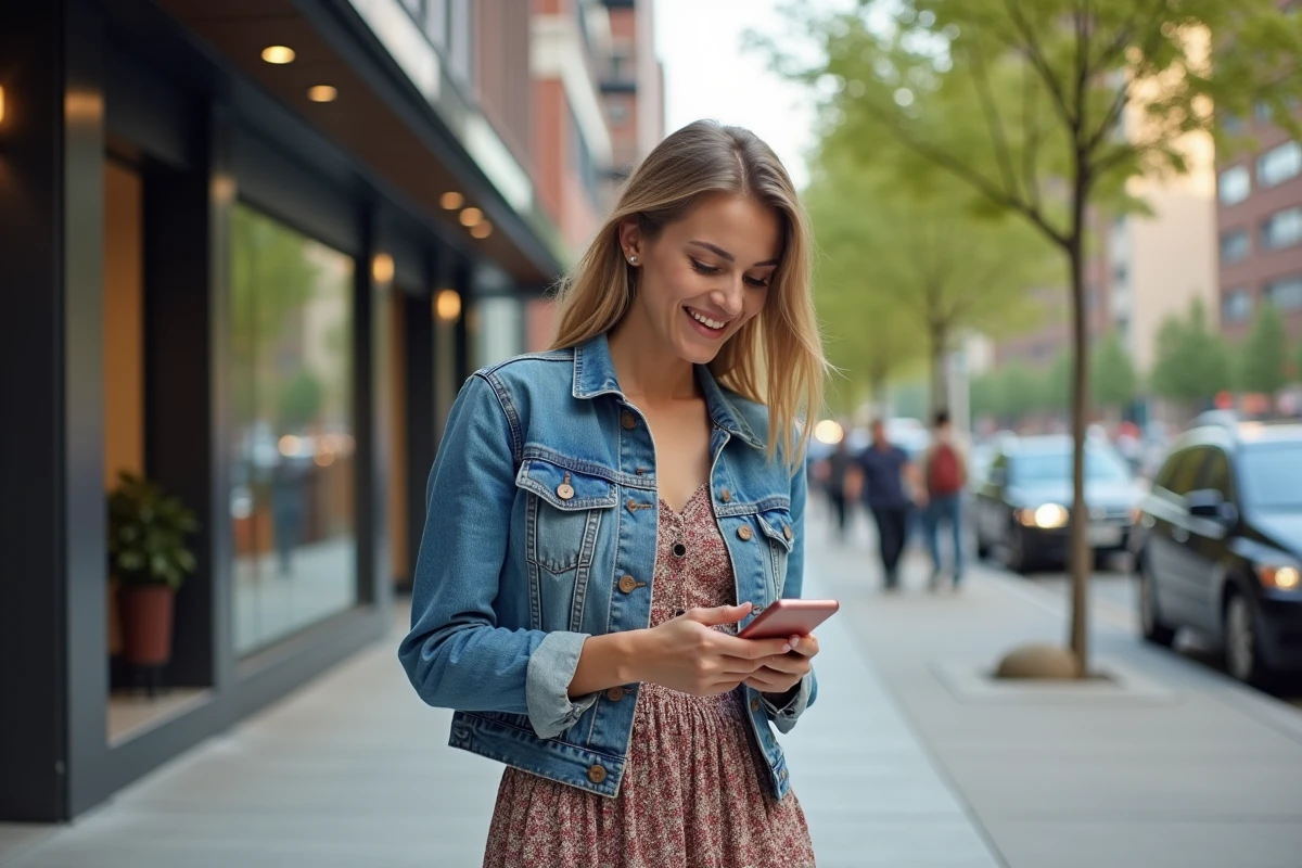 Femme en denim et robe midi dans la ville dynamique