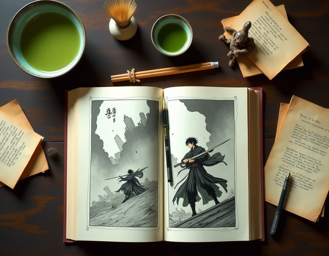 Mise en scène éditoriale d'un manga Bleach ouvert avec du matcha, des notes sur les Bankai et une figurine de samouraï sur une table en bois