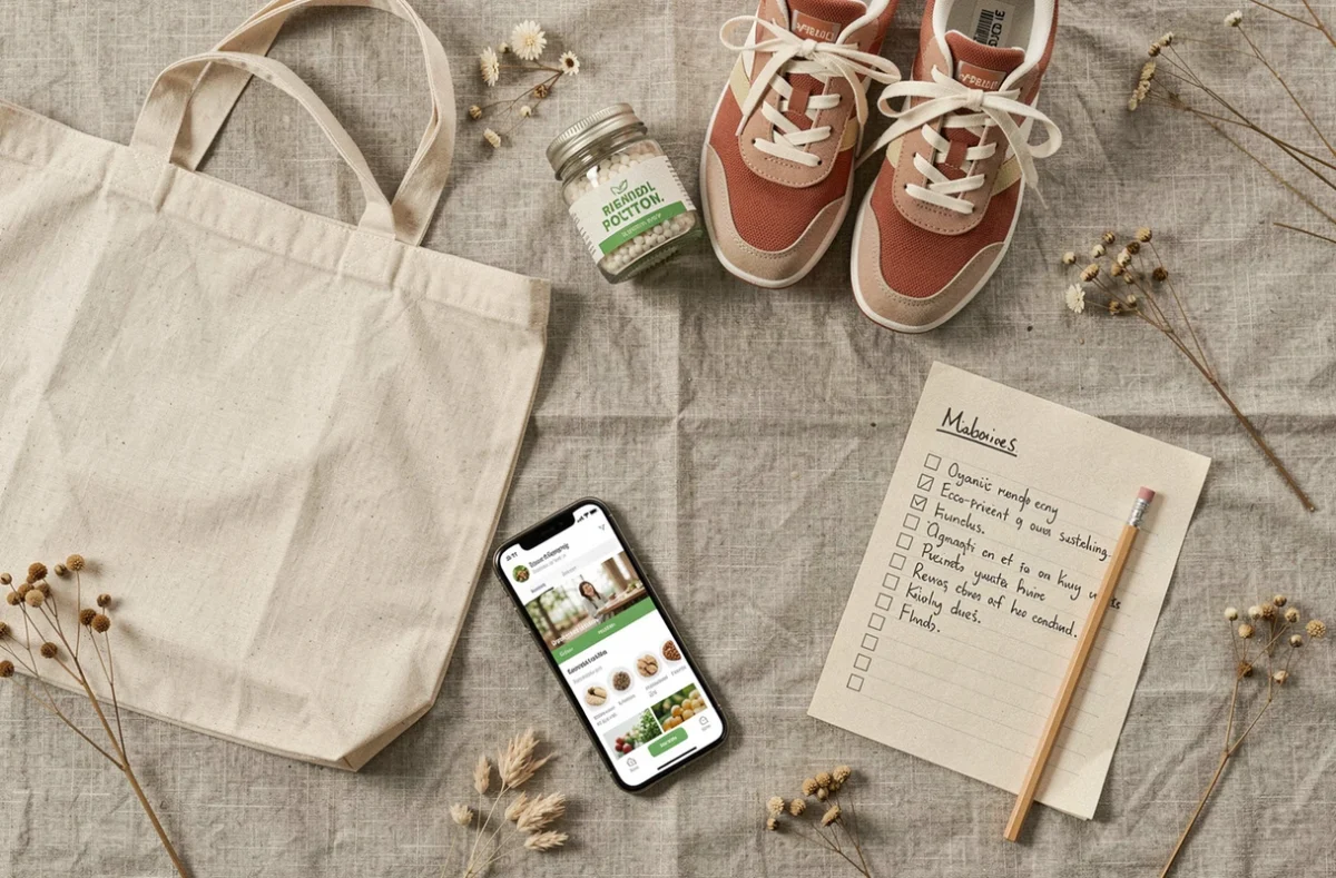 Composition à plat d'articles de mode éthique et d'accessoires durables sur fond de lin naturel avec checklist shopping responsable