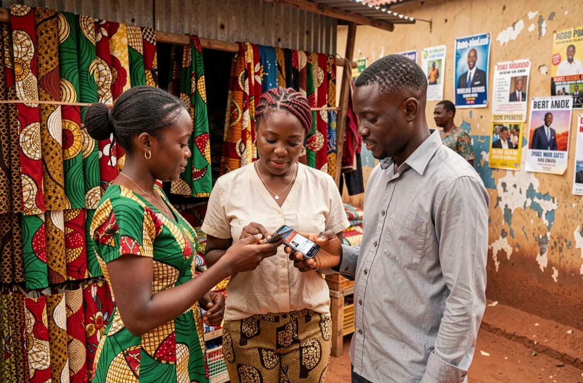 Groupe de Burkinabè consultant les actualités sur un smartphone dans un marché animé de Bobo-Dioulasso