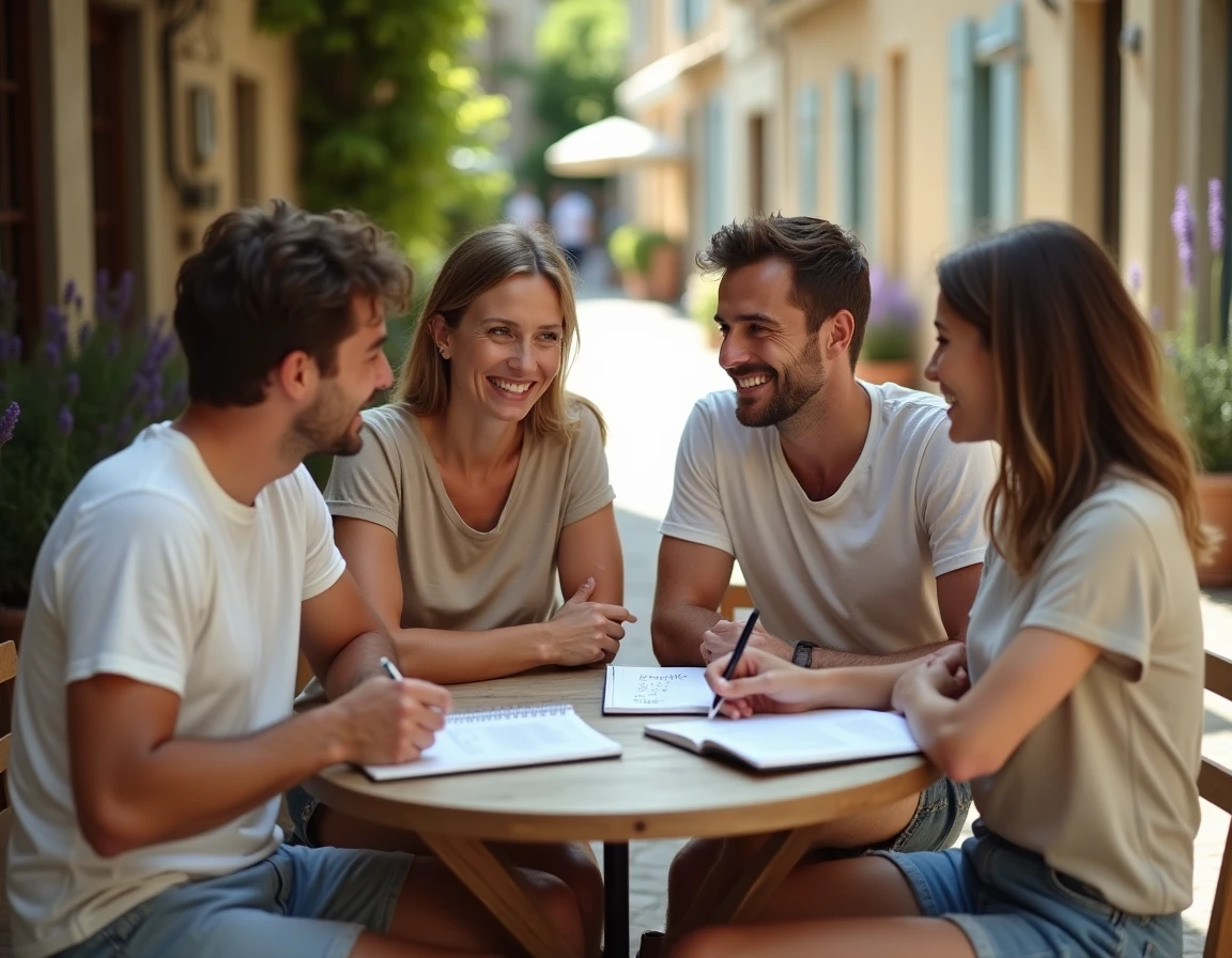 Groupe d'amis en terrasse discutant de l'orthographe de bonne ou bonnes vacances autour d'un carnet de notes