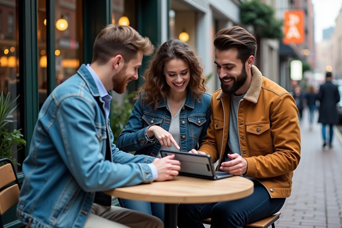 Trois jeunes adultes partageant des gadgets dans un café urbain